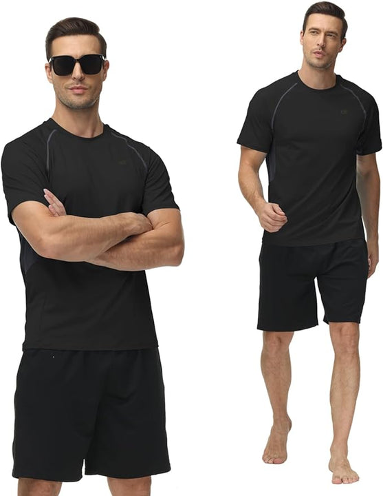 Huayuzh Mens Swim Shirts Short Sleeve Rash Guards Rashguard UPF 50+ Quick Drying T-Shirts Surfing Pool Beach Sports Top Black 2XL
