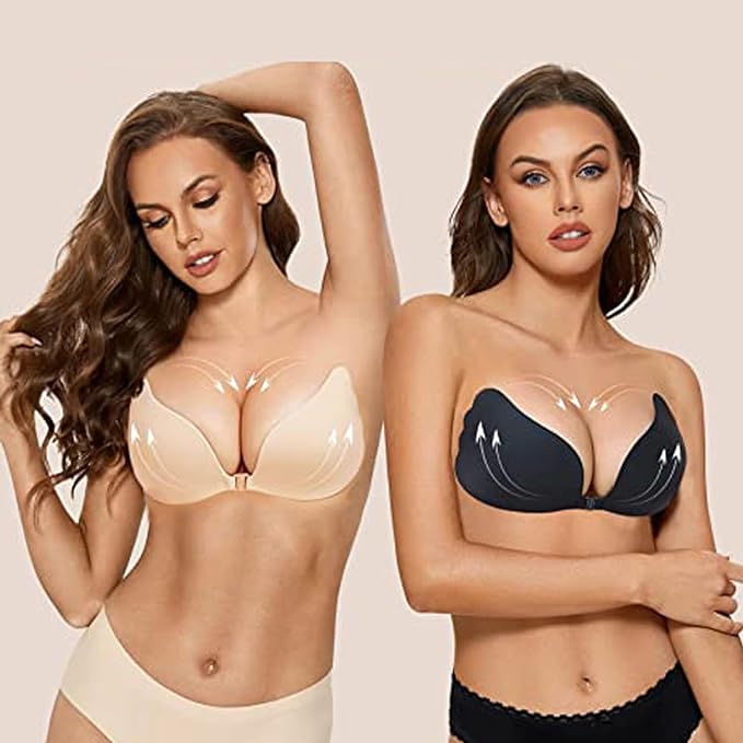 Lnmyic Push up Bra Backless Bras for Women, Stick on Bra Reusable Strapless bra, Comfortable Invisible Sticky bra and Nipple Covers for All Backless Clothes, Beige, B