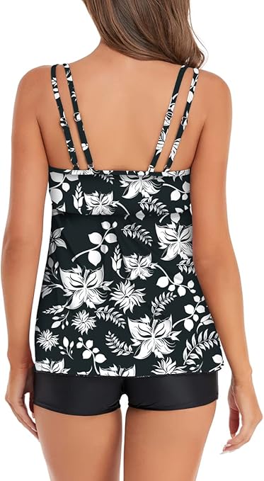 Ruuione Tankini Swimsuits for Women Floral Print Tank Top with Boyshorts Two Piece Bathing Suits(5BWflower,L)
