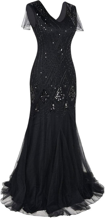 aifuu 1920s Flapper Fringed Sequin Dress Roaring 20s Fancy Dress Gatsby Costume Dress V Neck Vintage Beaded Evening Dress (All Black, L)