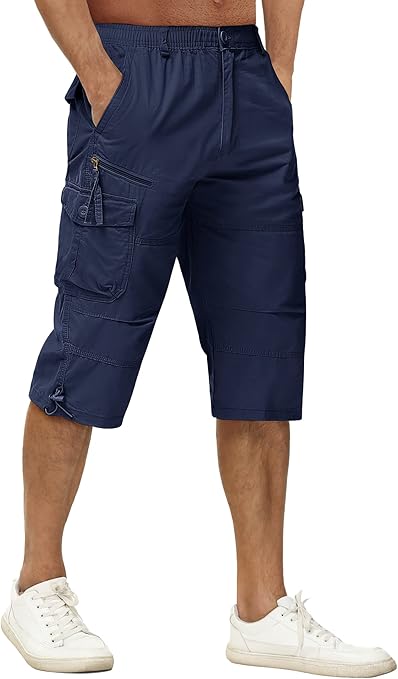TACVASEN Knee Length Shorts Men Zip Pockets Shorts Military Outdoor Shorts Cargo Shorts Men 3 4 Sports Shorts Long Army Pants Navy Blue, 32-34