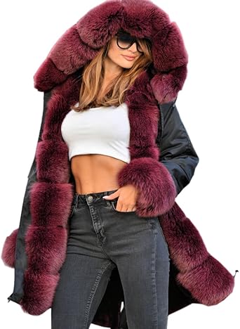 Roiii Women Winter Warm Thick Faux Fur Coat Hood Parka Long Jacket Size 8-20 (12, Wine Red)