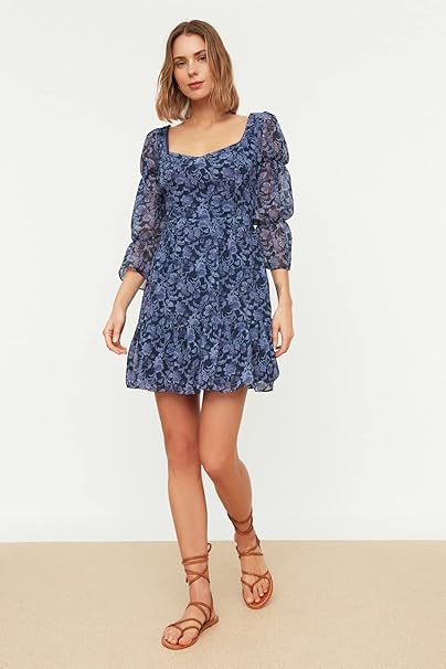 TRENDYOL Women's Flyraded Pattern Casual Dress, Navy/Purple, 6
