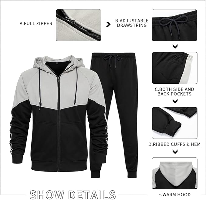 AOTORR Mens Tracksuit Set Full Zip Hooded Jacket Jogging Tops Bottoms Sweatshirt Suit with Pockets TZ95 Black XL