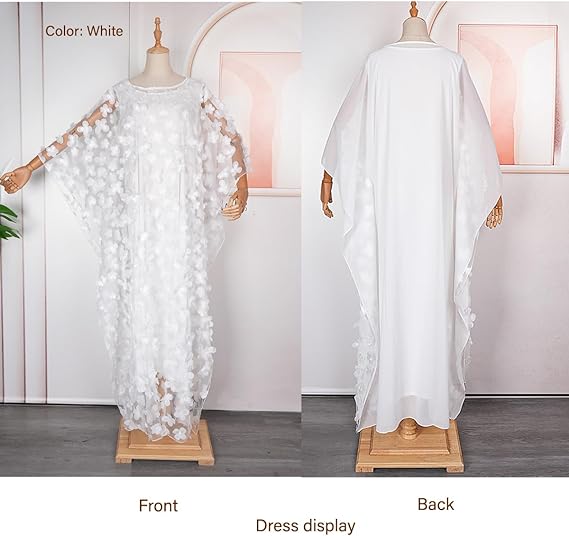 HD African Women Applique Flower Dress Boat Neck Chiffon Kaftan Dress One Size, White, One Size