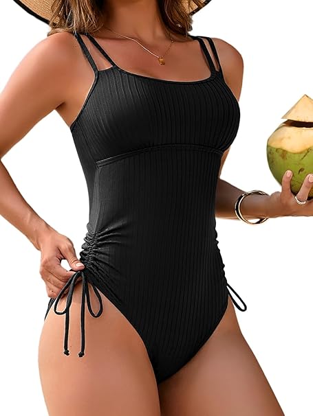 Charmo Drawstring High Cut Tie Side Bathing Suit One Piece Tummy Control Swimsuit Ruched Monokini Black XL