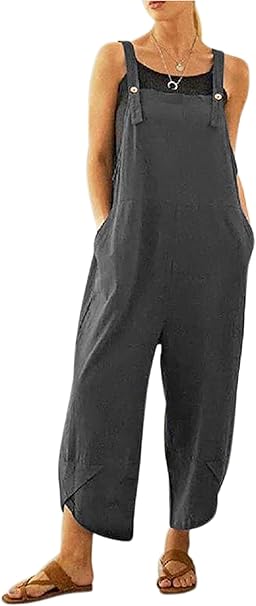 Linke Overalls for Women Casual Loose Dungarees Soft Cotton Linen Baggy Jumpsuit Adjustable Straps with Pockets, 3XL, Grey