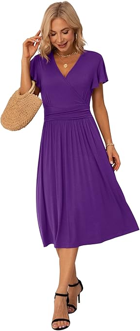 GRECERELLE Womens Summer Wrap Dress Ladies Casual Ruffle Short Sleeve V-Neck Floral Beach Dresses for Women (04 Purple, XL)
