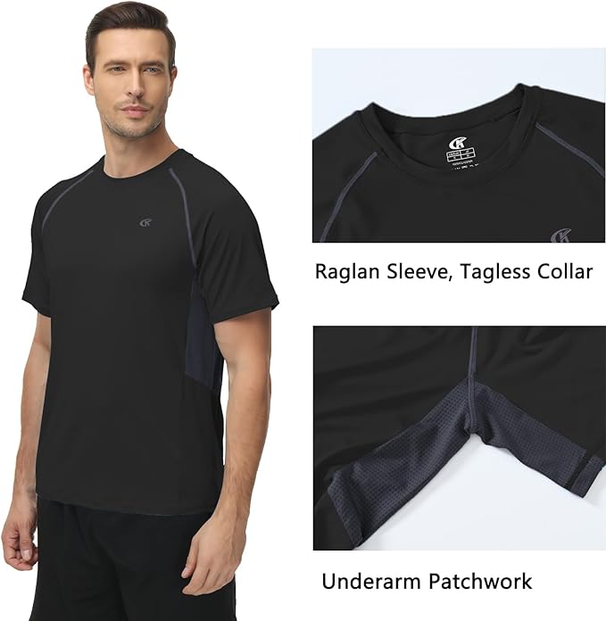 Huayuzh Mens Swim Shirts Short Sleeve Rash Guards Rashguard UPF 50+ Quick Drying T-Shirts Surfing Pool Beach Sports Top Black 2XL