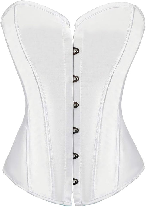 RHISLEO Women Satin Plain Pure Black Bustier Top Burlesque Basque Shaper Boned Corset (White, 8)