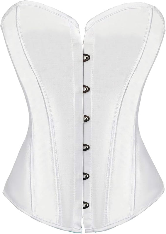 RHISLEO Women Satin Plain Pure Black Bustier Top Burlesque Basque Shaper Boned Corset (White, 8)