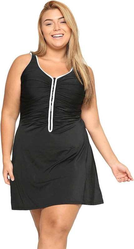 Delimira Women's One Piece Zip Front Skirted Bathing Suits Swimdress Swimsuit Black 24