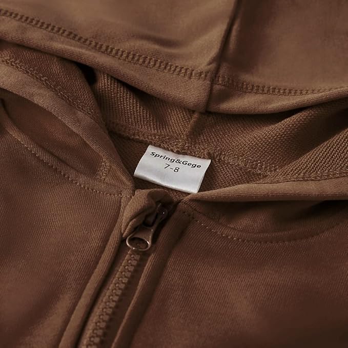Spring&Gege Youth Solid Full Zipper Hoodies Soft Kids Hooded Sweatshirt for Boys and Girls, Brown, Size 9-10 Years