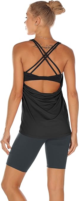 icyzone Women's Workout Tank Tops Built in Bra - Strappy Athletic Yoga Top, Exercise Gym Sport Shirt (L, Black)