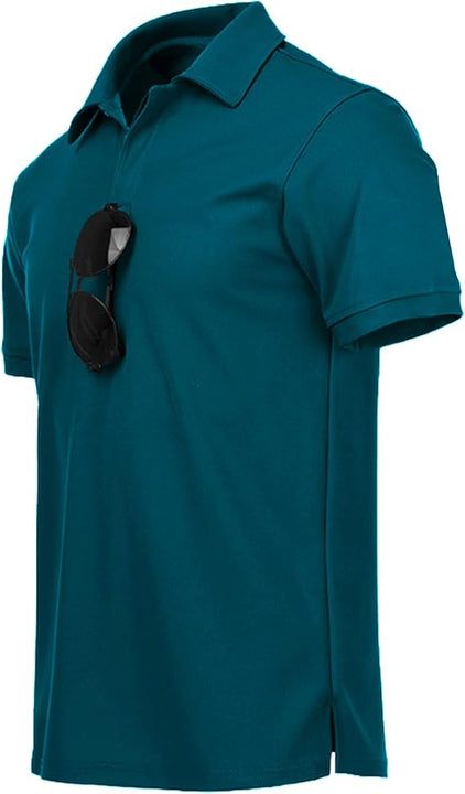 JACKETOWN Men's Polo Shirts Short Sleeve Badminton Breathable Poloshirt Summer Shirt with Spectacle Holder Button Front T Casual Sport Golf Adult(Dark Turquoise-Blue-L), 012-dark Turquoise Blue