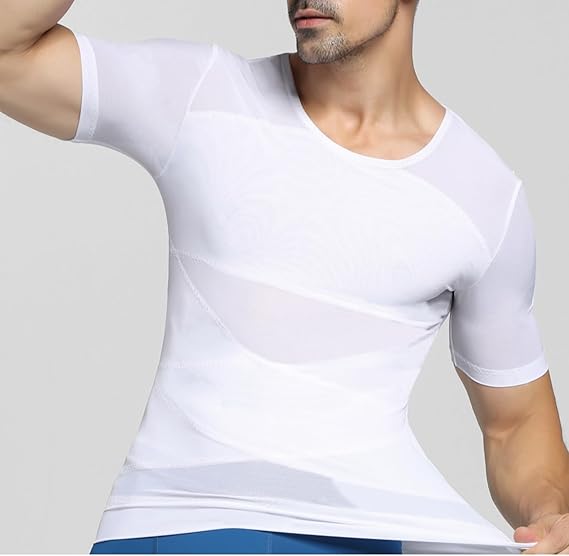 PEONNYT Men Firm Control Body Shaping T-Shirt Slimming Shirt Body Shaper Gynecomastia Compression Shirts Base Layer Undershirts (White XL