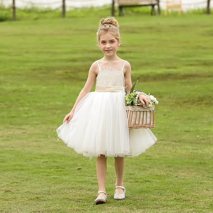 Aibaowedding Flower Girl Sleeveless Lace Dress Tulle Princess Bow Wedding Party Dress Junior Bridesmaid Dresses, champagne, 6-7 Years