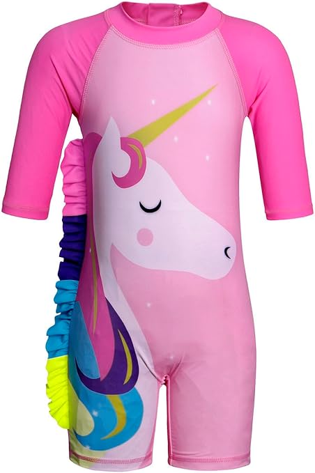 KumSoomliy Girls Swimming Costume One Piece Swimsuit Unicorn Swimwear Zipper Bathing Suit Surfing Swimming UV Protection Children Kids Rush Guard Summer Holiday Beachwear Swimsuits 3-4 Y, Size 3,Pink
