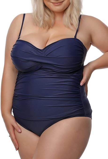 RELLECIGA Women's Strapless One Piece Swimsuit, Navy Blue, Medium