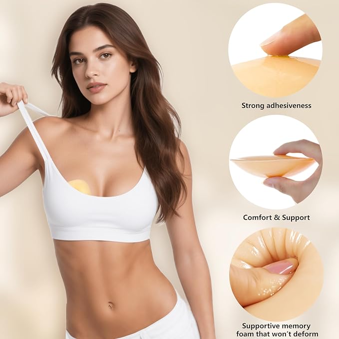 Vety 2025 Sticky Bra Inserts, Reusable Stick On Bra Push Up Invisible Self-Adhesive Bras for Evening Dress, Wedding Dress and Backless Strapless Clothing (UK, Alpha, L, Regular, Regular, Beige)