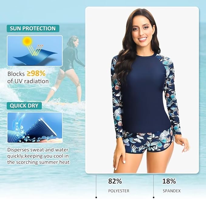 Sillictor Rash Vest Women Swimming Tops UV Womens Swim Shorts and Top Set Ladies 2 Piece Long Sleeve Swimsuits for Women Rash Guard Shirts with Build in Bra for Surfing,Quick Dry 2304