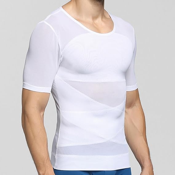 PEONNYT Men Firm Control Body Shaping T-Shirt Slimming Shirt Body Shaper Gynecomastia Compression Shirts Base Layer Undershirts (White XL