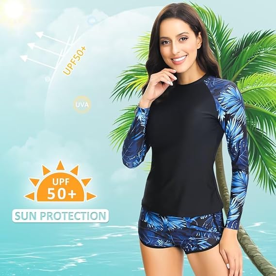 Sillictor Rash Vest Women Swimming Tops UV Womens Swim Shorts and Top Set Ladies 2 Piece Long Sleeve Swimsuits for Women Rash Guard Shirts with Build in Bra for Surfing,Quick Dry 2304