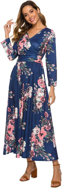 Women's Casual Floral Printed Long Maxi Dress with Pockets Long Sleeve Dresses Navy XXL