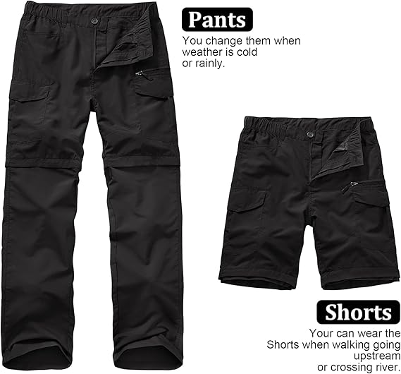Jessie Kidden Hiking Walking Trousers Men,Quick Dry Convertible Lightweight Breathable Waterproof Outdoor Fishing Work Zip Off Cargo Pants Black-29 (Belt not include)
