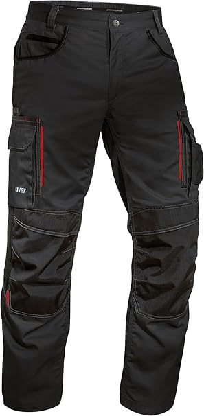 uvex Tune-up Men's Long Work Trousers - Robust Men's Work Trousers with Knee pad Pockets - 35% Cotton - Black/red - 44