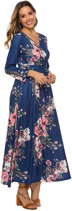 Women's Casual Floral Printed Long Maxi Dress with Pockets Long Sleeve Dresses Navy XXL