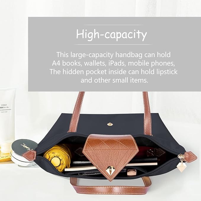 BOJLY Tote Bags for Women Stylish Waterproof Nylon Ladies Shoulder Bag Top Handle Handbag Folding Beach Travel Bag for Work,Shopping, School Deep Grey, L