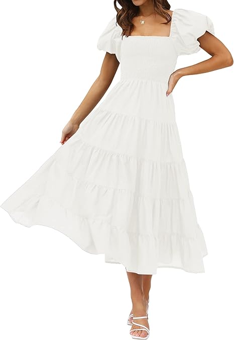 ZESICA Women's Summer Square Neck Short Puff Sleeve Solid Color High Waist Casual Smocked Flowy A Line Tiered Midi Dress, White, M