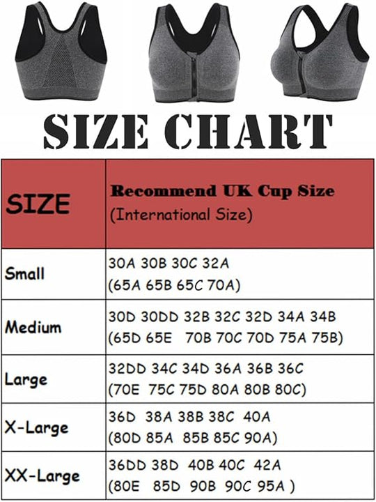 CLOUSPO Sports Bra Post Surgery Bra Zip Front Wireless with Removable Pads Yoga Bra for Workout Fitness(XXL,Grey+Black)