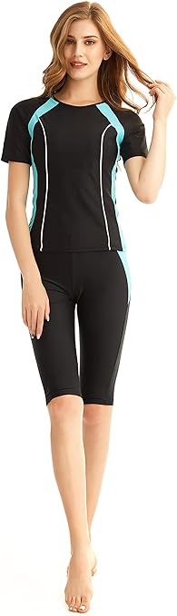 TianMaiGeLun Muslim Swimwear Swimsuit, Full Cover Modest Muslim Swimwear, Beachwear Burkini Short Sleeve Tops and Pants, 2 Piece Modest Swimwear Sets, Blue 1, XL