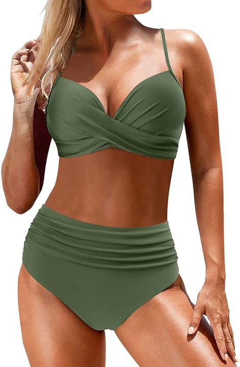 DOULAFASS Women Vintage Push Up High Waisted Swimsuit Two Pieces Ruched Bikini