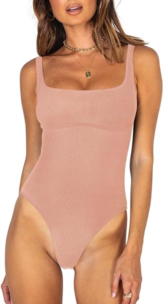 REORIA Women Sexy Fashion Square Neck Sleeveless Underbust Detailing Ribbed Knit One Piece Slimming Tank Thong Bodysuits Tops Leotards for Going Out Pink Small