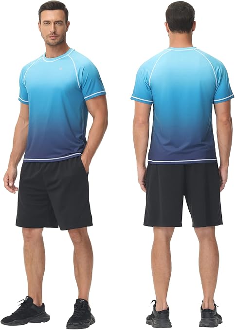 YuKaiChen Men's UPF 50+ Rash Guards Short Sleeve Swim Shirts Quick Drying Sun Protection Rash Vest Gradient Blue M