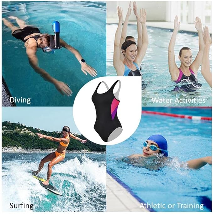 Veranobreeze Women's Sports One Piece Swimsuit Racerback Black Sports Swimwear（Pink & Purple, UK18）