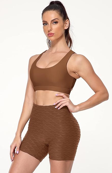 icyzone Strappy Sports Bra for Women - Gym Workout Yoga Bra with Removable Cups (L, Brown)