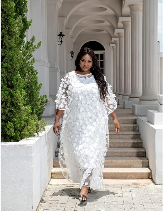 HD African Women Applique Flower Dress Boat Neck Chiffon Kaftan Dress One Size, White, One Size