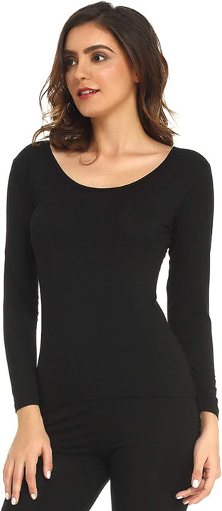 Mcilia Women's Ultrathin Modal Round Neck Long Sleeve Thermal Top/Shirt Black Medium (UK Size 12 14)