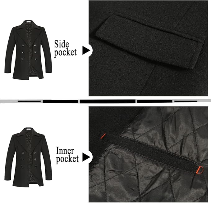 APTRO Mens Jacket Winter 80% Wool Coats Peacoat Warm Casual Overcoat Outwear Double Breasted Business Trench Jacket 2201 Black XXL