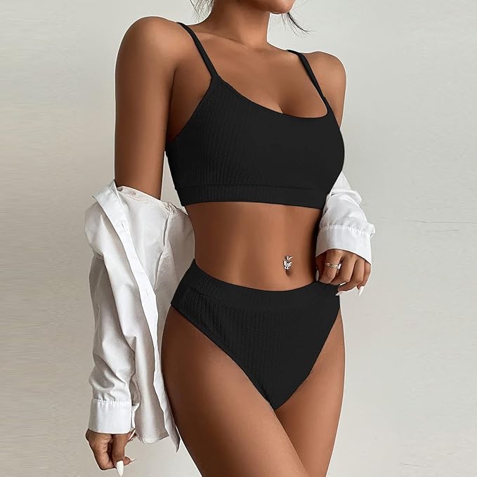 KOEMCY Women's Bikini Set High Waisted Swimsuits Trendy Sexy SwimsuitSuit Triangle Bikini Swimwear Beach Wear Bathing Suit 2 Pieces Bathing Suit Sets (Black,S)