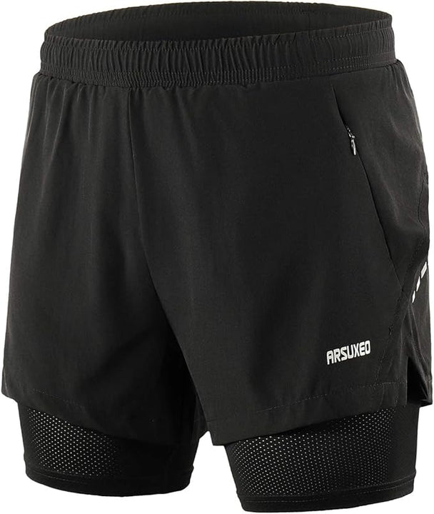 ARSUXEO Men's 2 in 1 Running Shorts Breathable Zipper Pocket B202 Black Size Large