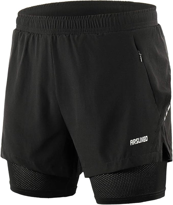 ARSUXEO Men's 2 in 1 Running Shorts Breathable Zipper Pocket B202 Black Size Large