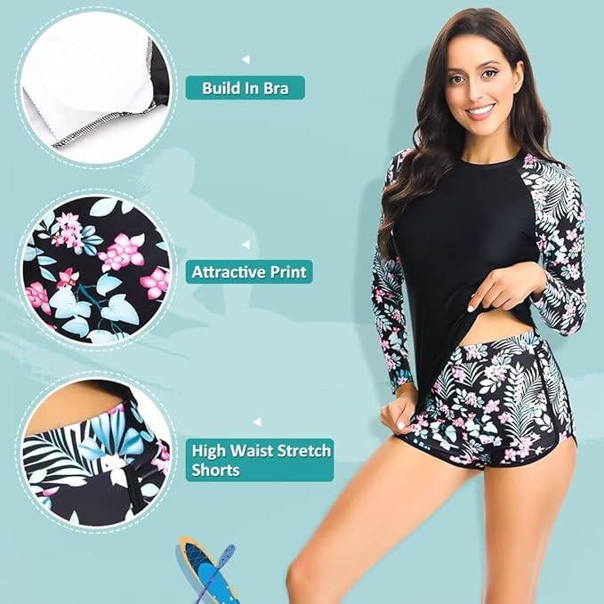 Sillictor Rash Vest Women Swimming Tops UV Womens Swim Shorts and Top Set Ladies 2 Piece Long Sleeve Swimsuits for Women Rash Guard Shirts with Build in Bra for Surfing,Quick Dry 2304 Pink Flower, M