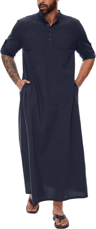 YAOHUOLE Mens Kaftan Robe Abaya Caftan Long Sleeve Moroccan Thobe Causal Butto Down Long Gown Henly Neck Dark Blue L