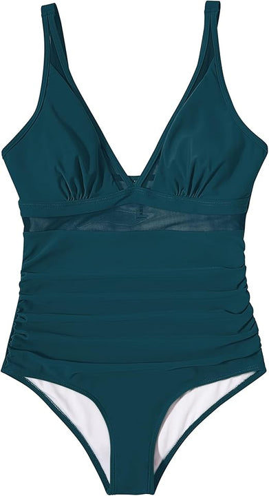 DOULAFASS Sexy Mesh Swimming Costume Women Tummy Control Swimsuit V Neck Padded One Piece Swimwear, Green, XL