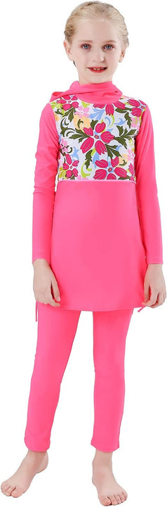 Girls' Modest Muslim Swimwear UPF 50+ UV Islamic Hijab Swimsuit Long Sleeve Top Shirt with Shorts Swimming Cap 3-Piece Swimsuit Beach Wear, rose, 11-12 Years